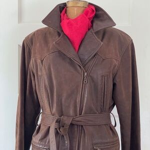 Vintage Brown Belted Leather Jacket | Asymetrial Zipper Closure Medium